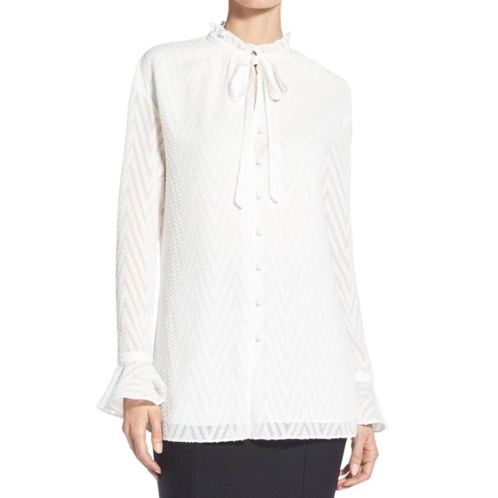 St. John White Chevron Fil Coupe Long Sleeve Blouse